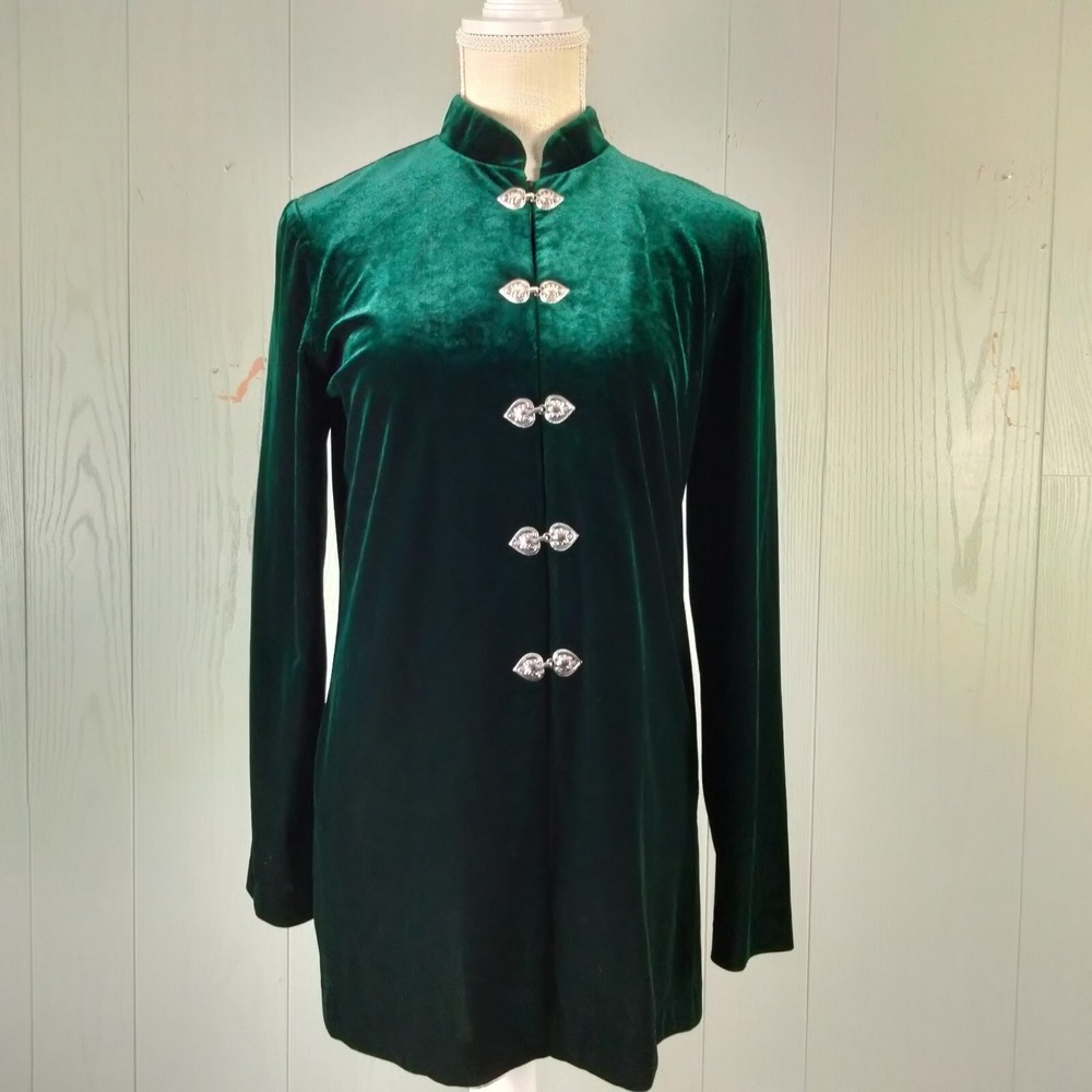 Vintage 90s‎ Velour Asian Tunic Womens 6 S Emerald Green Silver Frogs Goth Fairy
